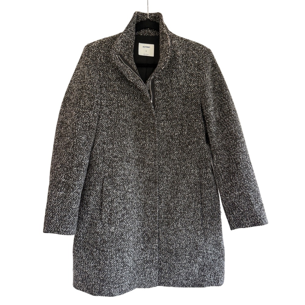 Old Navy Womens Funnel Neck Boucle Zip Front Coat Black White Marled Size M‎